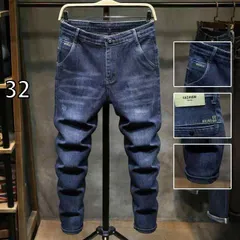 [32 ]メンズ ファッション 服  オシャレ シンプル 大人 かっこいい 大きいサイズ ストリート 紳士服 秋 ジーンズ スリムフィット 裾 ダーク ブルー ロング パンツ 韓国スタイル カジュアル ストレッチ