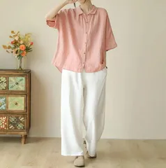 ブラウス レディース シャツ 五分袖 シャツブラウス 無地 5分袖 トップス ふんわり 薄手 綿麻風 前開き カジュアル ナチュラルguyanhui05