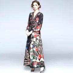 パーティードレス 長袖 花柄 ロングワンピース レトロ