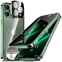 HGUTREY【覗き見防止・自動ポップアップボタン】 iPhone13 Pro 用 ケース 【ロック付き】【ストラップホール付き】一体型レンズ保護 両面9H強化ガラス iPhone13プロケース 耐衝撃 アルミ バンパー メタルフレーム スマホケース 薄型 1