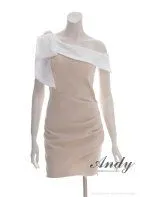 ホワイトxベージュ [AN-ON2928]【Andy/アンディ】ストレッチ/ バイカラー/ 切り替え/ 肩リボン/ ビジュー/ ワンショルダー/ ドレープ/ タイト/ ミニドレス/ ワンピース/ キャバドレス