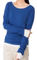 [エンプティオ] ゆる カットソー きれいめ 長袖 キレイめ トップス レディース ロングスリーブ 透けない とろみ インナー シャツ クルーネック プルオーバ 薄手 ラウンドネック キレイメ 着痩せ ボートネック 重ね [ロイヤルブルー/ホワイト] [LL]