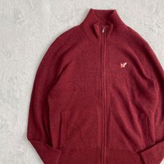 【LANDS'END】ランズエンド　ドライバーズニット　ワインレッド　セーター　ジップ　サイズL ワインポイント　刺繍　鷲　ワシ
