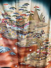 着物 作家 黒留袖 正絹 / 黒色系 ブラック系 / 草花文 村 五つ紋 身丈約154cm 裄丈約64.5cm 袖幅48cm 後幅30cm 前幅24cm TCS着物 W43