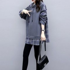 韓国 レディース チェック レイヤード シャツ パーカー 大人気