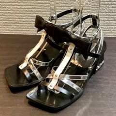 ルイヴィトン LOUISVUITTON 21AW ペプラムライン リボン サンダル ヒール モノグラム シルバー 白 黒 [36.5] 約23.5cm I721/T63