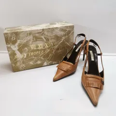 SEVEN TWELVE THIRTY セブントゥエルブサーティー VII XII XXX ミュール パンプス ブラウン 36 1/2 JP約23.5cm レザー フリンジ レディース ヒール約9.5cm#10945