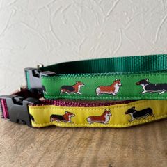 ウエルッシュコーギー　首輪とリードのセット　アメリカ製　首周り25-48cm リード長さ120cm テープ幅18mm グリーン　イエロー　セット販売