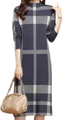 Elixio エリクシオ あったか ワンピース ニットワンピース チェック 柄 レディース 長袖 タイトスカート ミモレ丈 厚手 きれいめ 体型カバー 冬 大きいサイズ デート クリスマス(グレー,  XL)