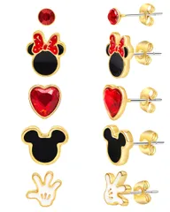 Disney Mickey and Minnie Mouse Fashion Stud Earring - Classic Mickey and Minnie Red/Gold - Set of 5 pairs