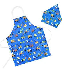 [Athbavib] キッズエプロン トラック 車 ブルー 三角巾付き ポケット付き 子供用エプロン 前掛け 調節可能 50*60cm 防水コットン 男の子 女の子 幼稚園 小学生 クレーン ショベルカー 信号 星 手入れ簡単 キッチン お手伝い 家庭科 料理
