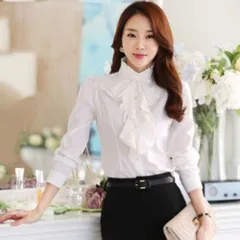 ☆ ホワイト ☆ Lサイズ ☆ ブラウス 長袖 おしゃれ  ブラウス 長袖 フリル レディース シャツ フォーマル ビジネス おしゃれ きれいめ フリルブラウス 入学式 入園式 卒園式 卒業式 立ち襟 スタンドカラー オフィス 仕事 上品 華やか