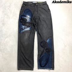 Akademiks デニムパンツ ジーパン ジーンズ ロゴ刺繍 切り替え パッチワーク W34 ブラック 黒 アカデミクス