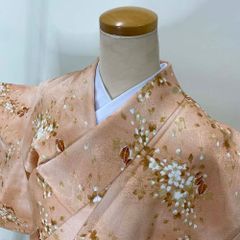 小紋 洗える着物 裄64cm 身丈155cm 花柄 袷 お洒落着 普段着 ポリエステル オレンジ 美品 M サイズ 3726