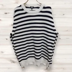 C0654 ユニクロ UNIQLO ニット セーター 長袖 (LL XL) ボーダー総柄 白 ネイビー