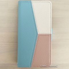 iPhone 14 / 13 ケース スマホ 手帳型 ブルー 水色 ストラップ付き カードケース トリプルカラー トリカラー アイフォン アイホン