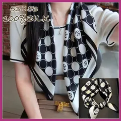 【新品】ドット柄シルクスカーフ 100%シルク 椿柄 シンプル オールシーズン
