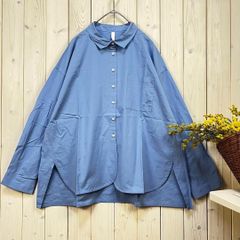 新品 裾ラウンドカットブラウス シャツ コットン ブルー M〜L