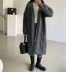 カーディガン ケーブル編みニット レディース ロング丈 秋 冬 ロングカーディガン ニットカーディガン カーデ コート アウター 厚手 あったか ニット セーター ビッグシルエット ゆったり xzjhagg#