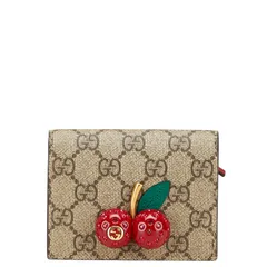 グッチ GGスプリーム チェリー 二つ折り財布 コンパクトウォレット 476050 ベージュ レッド PVC レザー レディース GUCCI【214-24799】