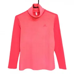 【超美品】アディダス 長袖タートルネックシャツ 蛍光レッド 前面ハニカム柄 前面・ネック起毛素材 レディース M ゴルフウェア adidas