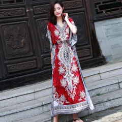 ☆ レッド ☆ 春夏 レディース ワンピース リゾート ワンピース 半袖 ロングワンピース ワンピ レディース おしゃれ  オシャレ 春 夏 綿 コットン Vネック マキシ丈 膝下 ウエスト紐 サイドスリット 柄 総柄 ドレス きれいめ カジュアル