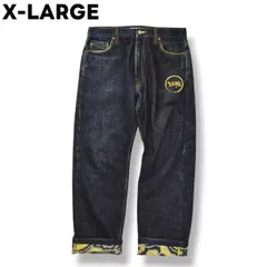 【濃紺】 エクストララージ X-LARGE ルーズ ストレート デニム パンツ ジーンズ ジーパン Gパン ジップアップ ロゴ入り 5ポケット 32 インディゴ ストリート カジュアル ウェア メンズ