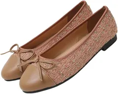 Ｄ．Ｓｔｏｍｏ ダイアナサイズ対応 バレエシューズ パンプス レディース フラットシューズ ツイード ラメ リボン ラウンドトゥ(ベージュ,  25.5 cm)