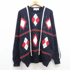XL/古着 長袖 セーター メンズ 90s アーガイル 手織り コットン クルーネック 濃紺 ネイビー 24dec06 中古 ニット トップス
