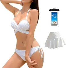 OJUMAH 水着 レディース クロス ビキニ スカート ３点 セット 美バスト ワイヤー入り 体型カバー 無地 ホルターネック( ホワイト,  M)