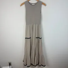 FRAY I.D フレイアイディー ワンピース 長袖 クルーネック リブニット 異素材切り替え ティアードスカート ギャザー ロング丈 ベージュ Fサイズ レディース 古着 モード