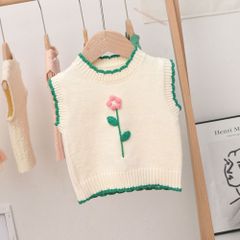 子供服 100cm 110cm ベスト キッズベスト 女の子 ベビー服 ニットベスト フラワー刺繍 花柄 赤ちゃん 袖なし 可愛い かわいい 春 秋 冬 アウター トップス 韓国スタイル おしゃれ ガールズ 子ども服 キッズ 1歳 2歳 3歳 ホワイト