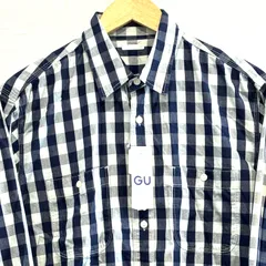 新品◎ (^w^)b GU ジーユー インディゴワークシャツ ブロードシャツ 長袖 羽織り 綿100% チェック柄 ブロックチェック 胸ポケット 薄手 重ね着 カジュアル タグ付き 男女兼用 紺×白 ネイビー ホワイト メンズ サイズM