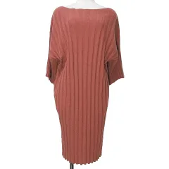 デミリー DEMYLEE 美品 リブニット ワンピース 近年 ひざ丈 7分袖 ボートネック ウール 小さいサイズ XS テラコッタ 赤茶 IBO51 X