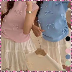 リボン付きリブニット プチハイネック夏服 レディース サマーニット 韓国風 ニットトップス きれいめ 半袖ニットソー 大人可愛いカットソー 薄手ニットTシャツ 着やせ 夏トップス 夏プルオーバー無地 おしゃれニットソー