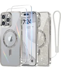 ★Meifigno ケース iPhone 16 Pro 6.3インチ用 [MagSafe対応] [スクリーンプロテクター2枚] [グリッターカード&リストストラップ] サラウンドレンズ保護 iPhone 16 Pro ケース用 シルバー
