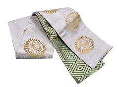 半幅帯 美品 浴衣用 ホワイト ゴールド グリーン 和傘模様 半帯 リバーシブル 踊り用 日本舞踊