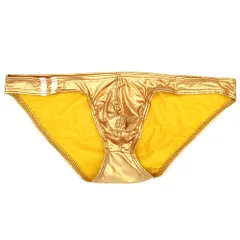 ビキニ ブリーフ メンズ ローライズ レザー調 マット メタリックゴールド 光沢 フルバック ワンポイント かっこいい 派手 セクシー 黒 赤 青 水色 紺 金 e034