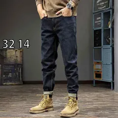 [32 14 ]メンズ ファッション 服  オシャレ シンプル 大 かっこいい 大きいサイズ ストリート 紳士服  アメリカン クラシック セルビッジデニム カラー ジーンズ 秋 レトロ ヘビー ウォッシュ スリムフィット テーパードパンツ