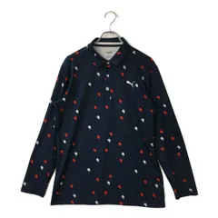 中古 メンズ プーマ PUMA 長袖ポロシャツ XL 紺 ネイビー ロゴ総柄