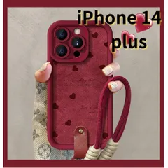【SHOPS】iPhone14 plus スマホケース 赤 ラムスキン風 ストラップ付き ハート かわいい E034