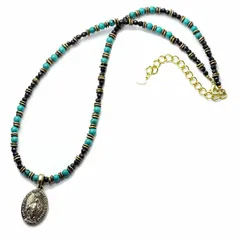 【特価商品】[長43cm50cm] ブラックスピネル ターコイズ ビーズ 不思議のメダイ ネックレス 天然石 聖母マリア se メンズ [シルバーワン]