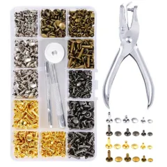 スタッズ リベット 180組セット レザークラフト 底鋲 打ち具 パーツ ハンドメイド バッグ ベルト 丸形 6mm 8mm 12mm 穴あけペンチ 収納ケース付き