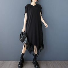 モード系  ブラック  プルオーバーワンピース  大きいサイズ  ロングスカート  レディース  スプリット  半袖 ハーフスリーブ  個性  フリンジヘム  ミディ プルオーバー  ロングドレス  スプリットネック