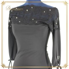 社交ダンス 衣装 スタンダード トップス パーティー レッスンウェア 練習着 BLACK LABEL ブラック系 黒 リボン 花柄 レース ラインストーン 長袖 社交ダンス衣装 高級感 大人女性 着心地良い フィット感 スタイリッシュ 上品 デザイン シンプル