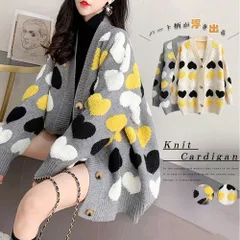 トップス ニット カーディガン 立体ハート柄 凹凸感 マルチカラー Vネック