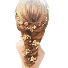 【人気商品】ウェディング 花嫁 髪 飾り ライン ストーン ゴールドリーフ モチーフ ヘッド ドレス カチューシャ コサージュ 髪飾り 披露宴 結婚式 髪留めとイヤリング付き ヘアバンド のセット