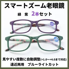 【2本】スマートズーム 老眼鏡【+1.0～+4.0】自動調整 遠近両用 ピントグラス グリーン パープル ブルーライトカット 40代 50代 60代 男女