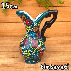 15cm【トルコ】手描き 花瓶 フラワーベース 取手付き＊緑＊キュタフヤ陶器