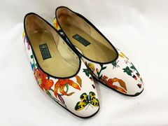 GUCCI/グッチ フローラ ボタニカルパンプス ローヒール 花柄 アイボリー キャンバス レディース 37(24cm相当) 靴 総柄 USED